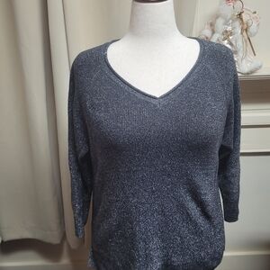 Liz Claiborne V-neck Sweater Black/silver Metalic Thread XL